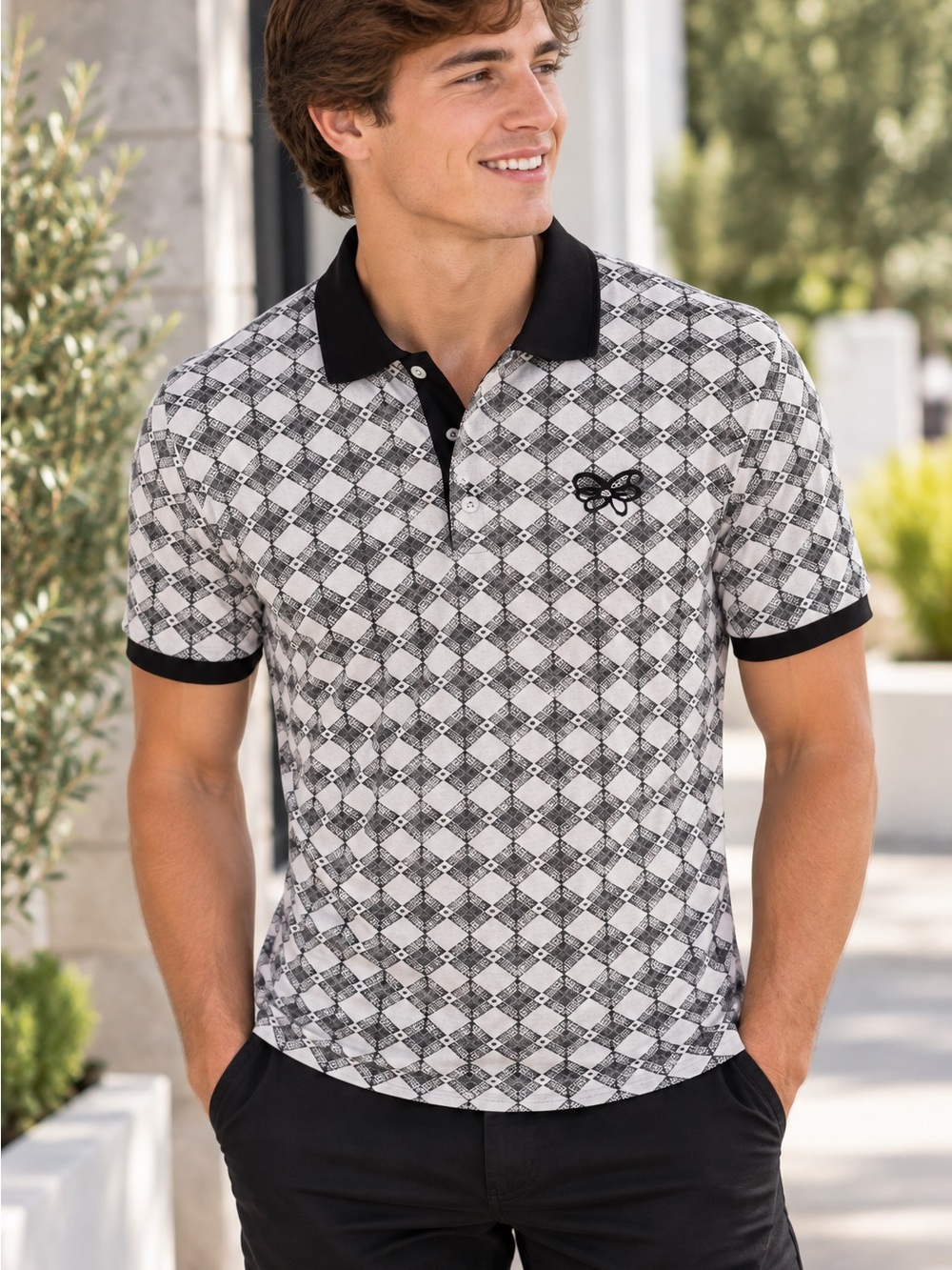 ¡Ay Güey! Men’s Geometric Print Polo Shirt Black White Made in Mexico Sz Men’s S